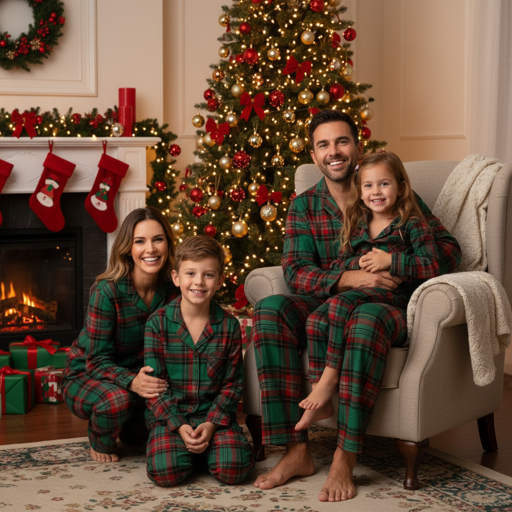 Drune | Feiertagsfamiliengrüne Karomuster-Weihnachtspyjama-Set