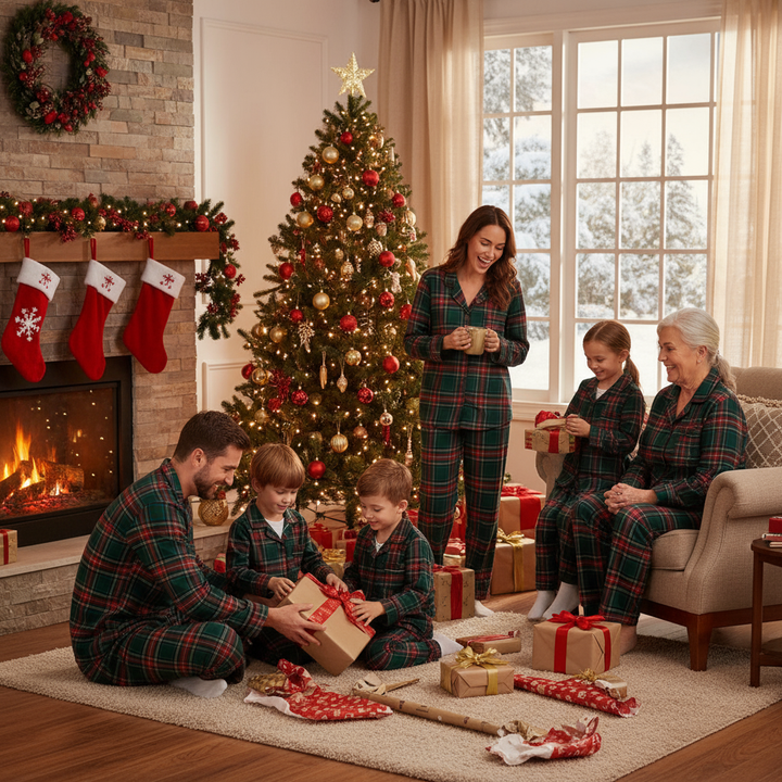 Drune | Familien-Weihnachten Plaid Knopf-Front-Pyjama-Sets