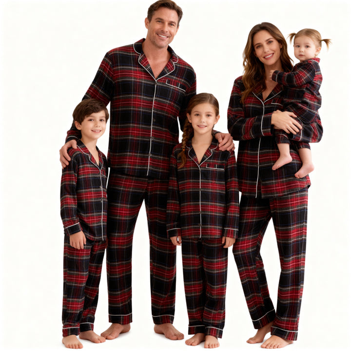 Drune | Weihnachtsrot Plaid Knopf-Front Familien Pyjama Sets