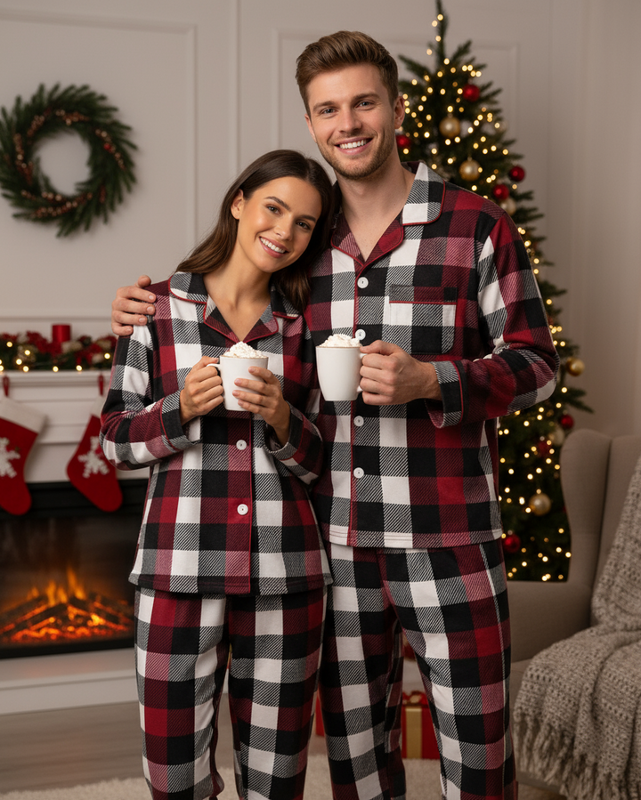 Drune | Familie Weihnachten Rot und Weiß Karos Knopfleiste Pyjama Sets