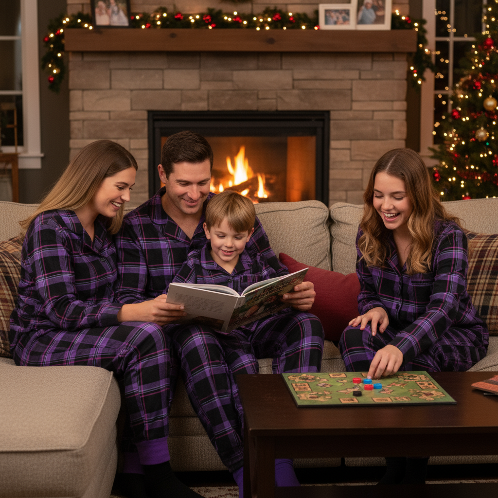 Drune | Weihnachts lila Karierte Knopf-Front Pyjamas Familien Pyjamas Sets
