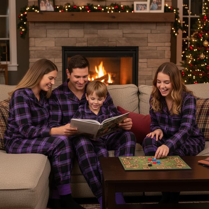 Drune | Weihnachts lila Karierte Knopf-Front Pyjamas Familien Pyjamas Sets