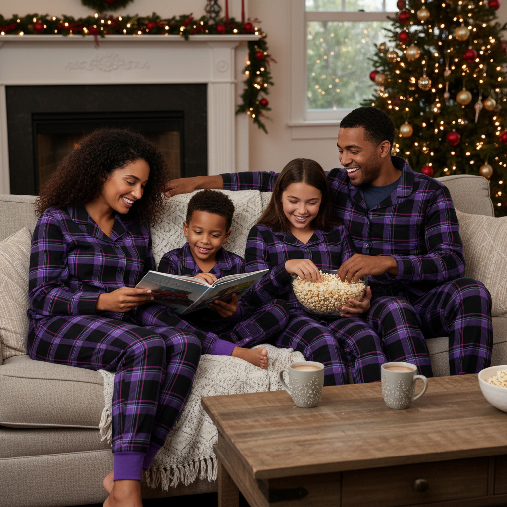 Drune | Weihnachts lila Karierte Knopf-Front Pyjamas Familien Pyjamas Sets