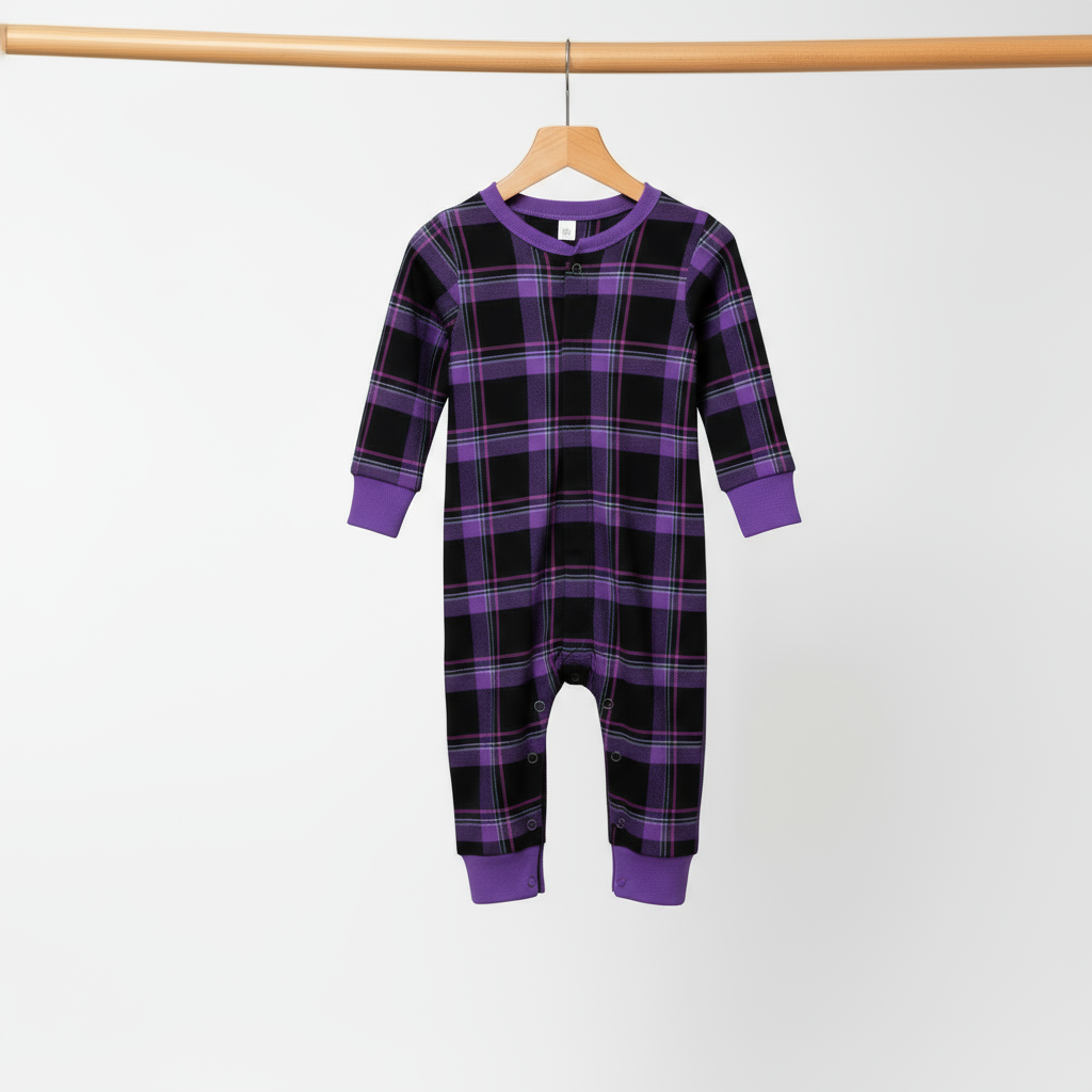 Drune | Weihnachts lila Karierte Knopf-Front Pyjamas Familien Pyjamas Sets
