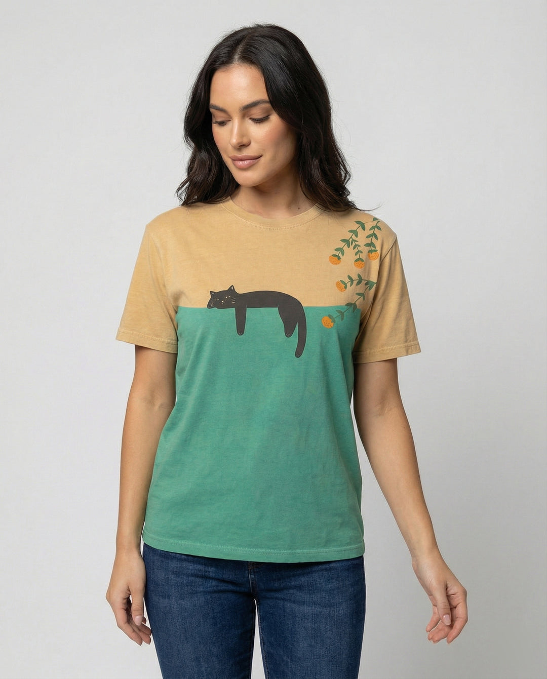 Drune - Damen Zweifarbiges Katzenmotiv T-Shirt Lockerer Schnitt