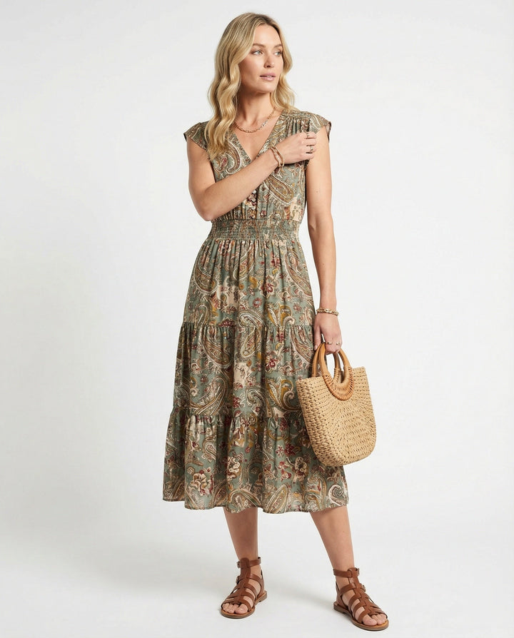 Boho Maxikleid Sommer mit Smok Taille