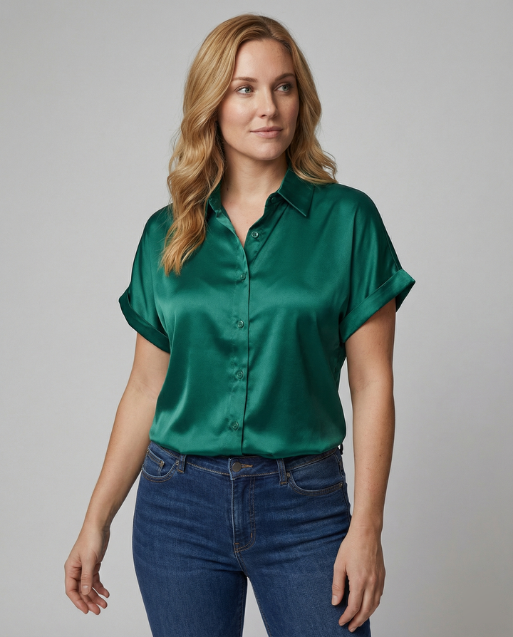 Damen Satin-Bluse mit großem Kragen und überschnittenen Schultern Drune