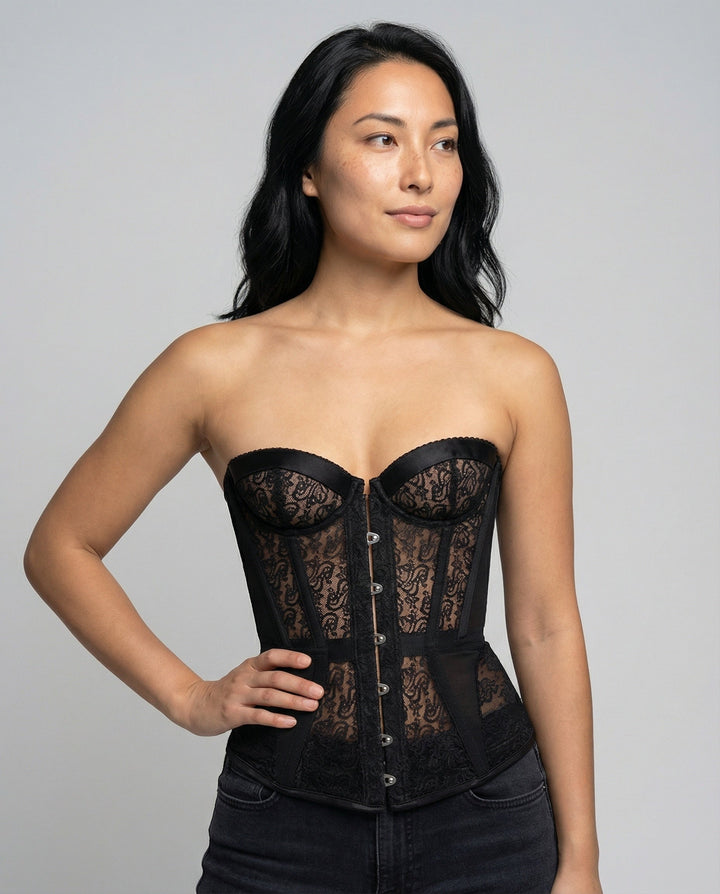 Damen Corsagenoberteil mit floralen Spitzenapplikationen und Knopfverschluss Drune