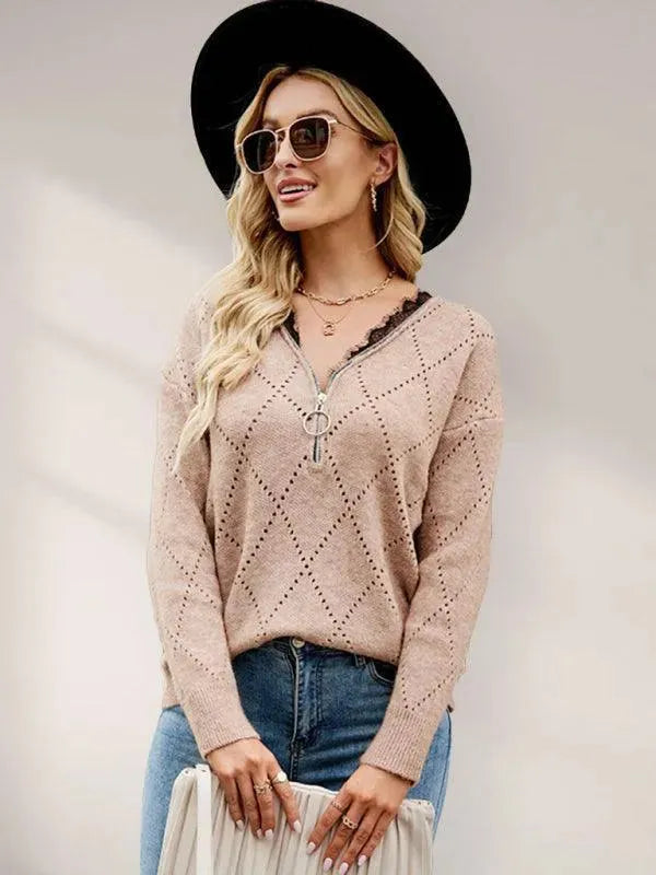 Drune | Ausschnitt Reißverschluss Strickpullover Top für Frauen