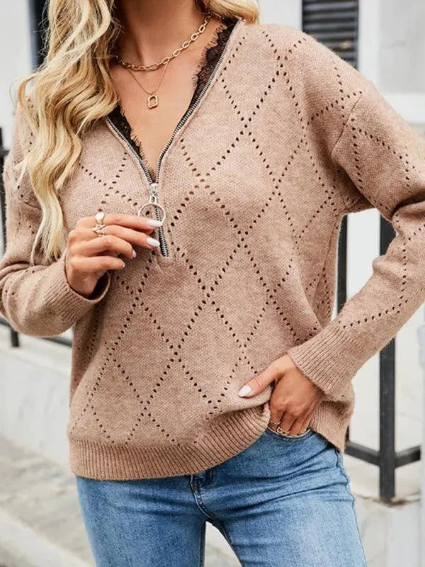 Drune | Ausschnitt Reißverschluss Strickpullover Top für Frauen