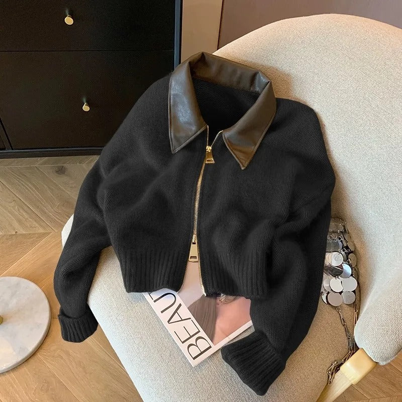Drune | Strickjacke mit Reißverschluss und Lederkragen