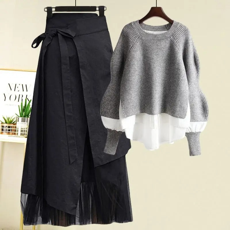 Drune | Damen Strickpullover und Rock Zweiteiliges Satz