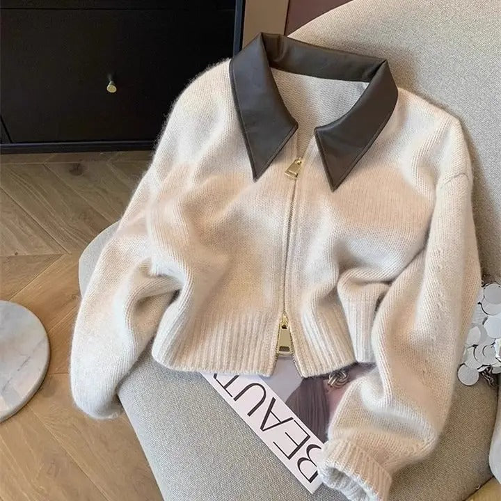 Drune | Strickjacke mit Reißverschluss und Lederkragen