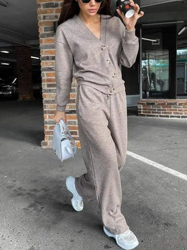 Drune | Damen Zweiteiliges Gestricktes Jacke und Hose mit Knöpfen