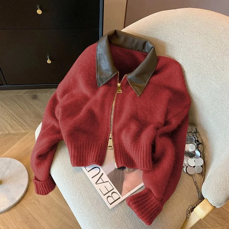 Drune | Strickjacke mit Reißverschluss und Lederkragen
