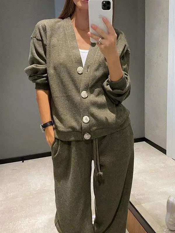 Drune | Damen Zweiteiliges Gestricktes Jacke und Hose mit Knöpfen