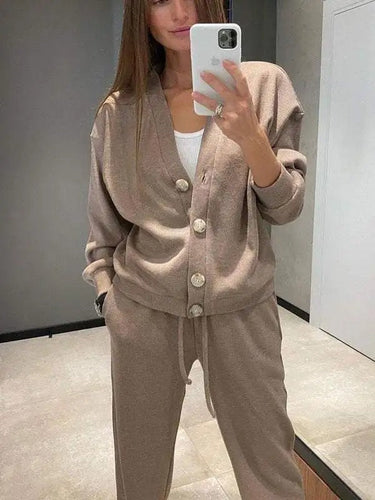 Drune | Damen Zweiteiliges Gestricktes Jacke und Hose mit Knöpfen