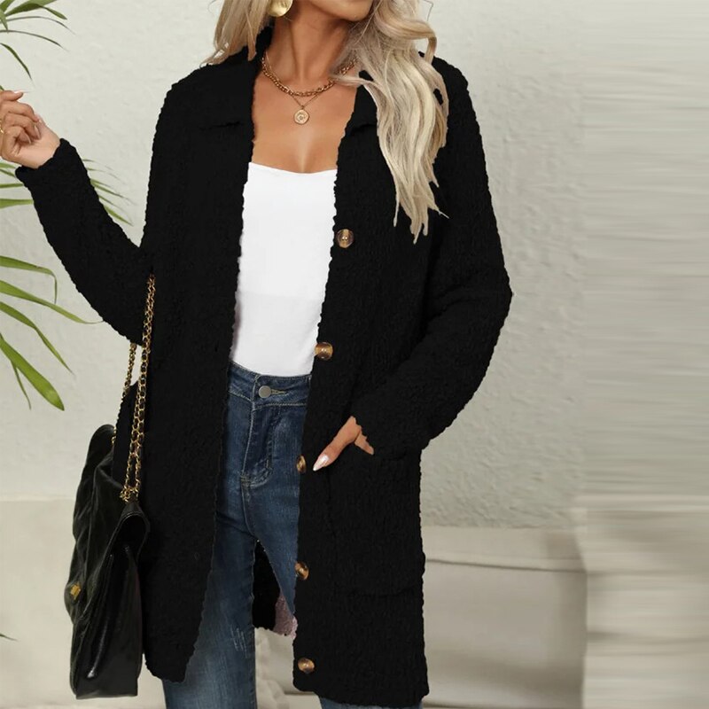 Drune | Langer Strick-Westen für Damen aus weichem Fleece mit Taschen