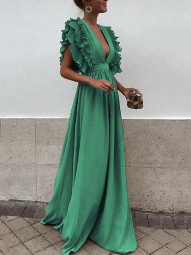 Drune - Elegantes V-Ausschnitt-Kleid mit Rüschärmeln
