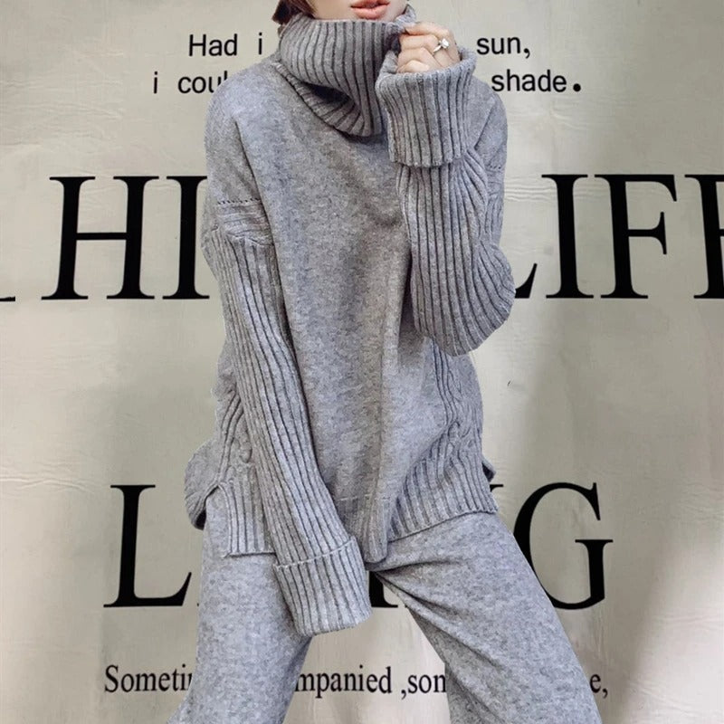 Drune Hausanzug | Luxuriöser, warmer Rollkragenpullover mit passender, übergroßer Wollhose