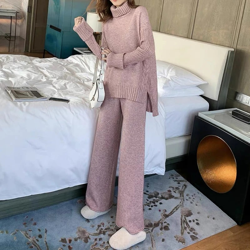 Drune Hausanzug | Luxuriöser, warmer Rollkragenpullover mit passender, übergroßer Wollhose