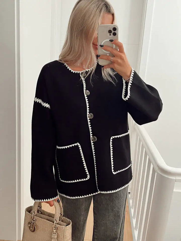 Drune | cardigan - Herbst Kontrastbesatz Knopf-Cardigan