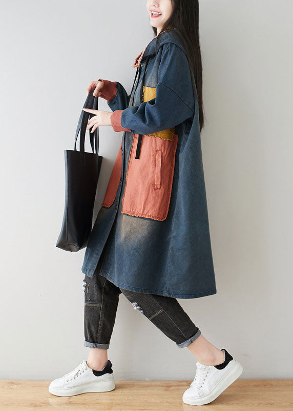Drune | Blaue Taschen Patchwork Kapuzenmäntel