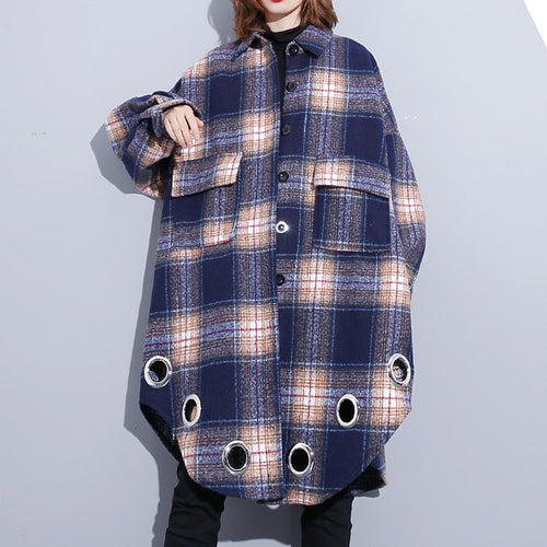 Drune | blaue karierte Mäntel große Größen Umlegekragen Wintermantel Boutique Taschenmantel