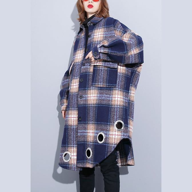 Drune | blaue karierte Mäntel große Größen Umlegekragen Wintermantel Boutique Taschenmantel