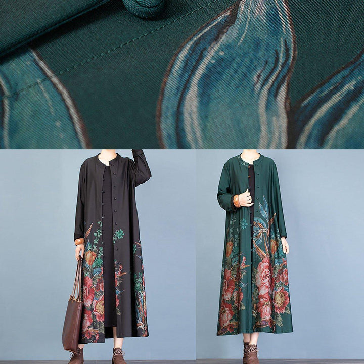Drune | grüne Drucke Mantel Damen Oversize langer Mantel Trenchcoats Rundhals