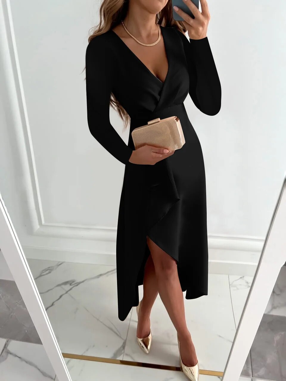 Drune | Elegantes V-Ausschnitt Wickelkleid mit langen Ärmeln für Damen