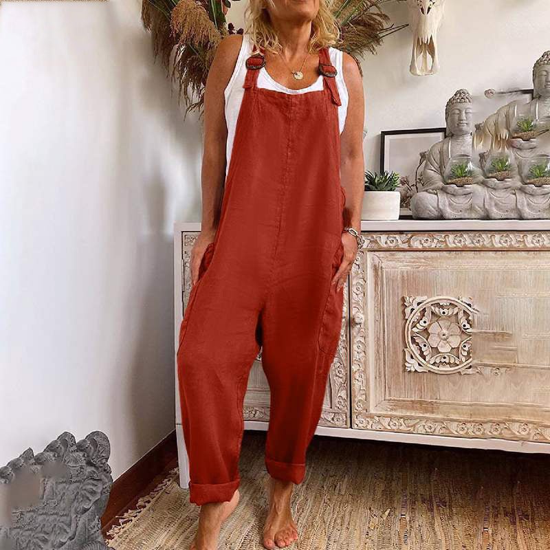 Drune | Weite-Leg-Overall Damen verstellbare Schnalle Baumwolle und Leinen Tasche Overalls