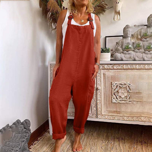 Drune | Weite-Leg-Overall Damen verstellbare Schnalle Baumwolle und Leinen Tasche Overalls