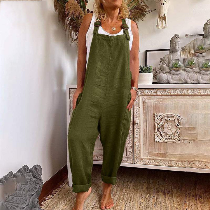 Drune | Weite-Leg-Overall Damen verstellbare Schnalle Baumwolle und Leinen Tasche Overalls