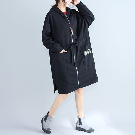 Drune | Plus-Size-Frauen Baumwollcardigans schwarze Kapuzenprints mit Reißverschluss warme Trenchcoats