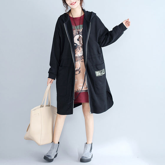 Drune | Plus-Size-Frauen Baumwollcardigans schwarze Kapuzenprints mit Reißverschluss warme Trenchcoats