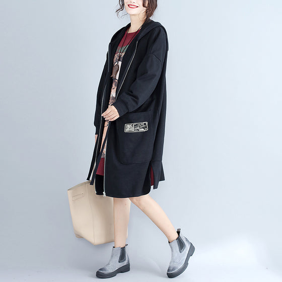 Drune | Plus-Size-Frauen Baumwollcardigans schwarze Kapuzenprints mit Reißverschluss warme Trenchcoats