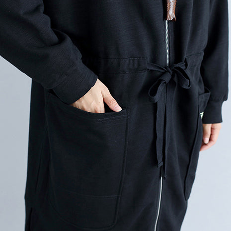 Drune | Plus-Size-Frauen Baumwollcardigans schwarze Kapuzenprints mit Reißverschluss warme Trenchcoats