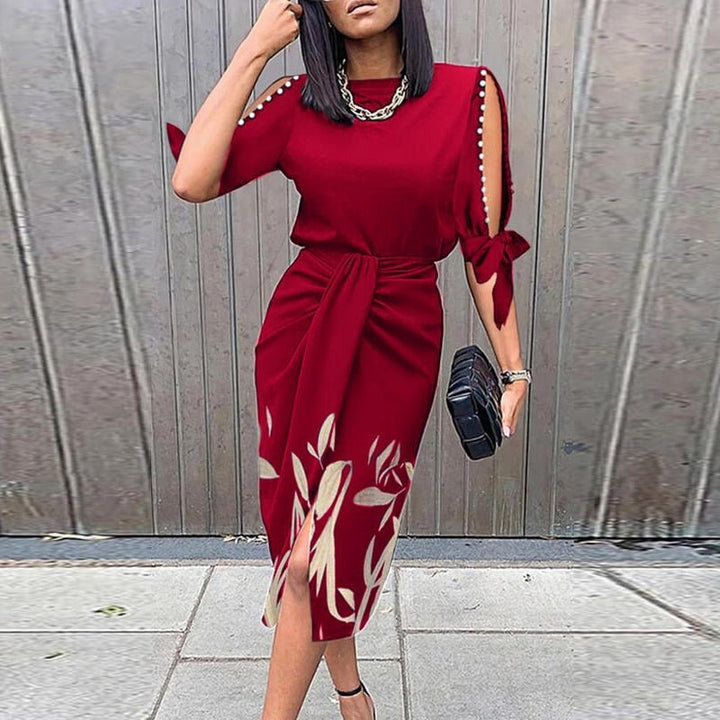 Drune Midi-Kleid | Frühlings-Blumendruck mit Aussparungen und langen Ärmeln für Damen