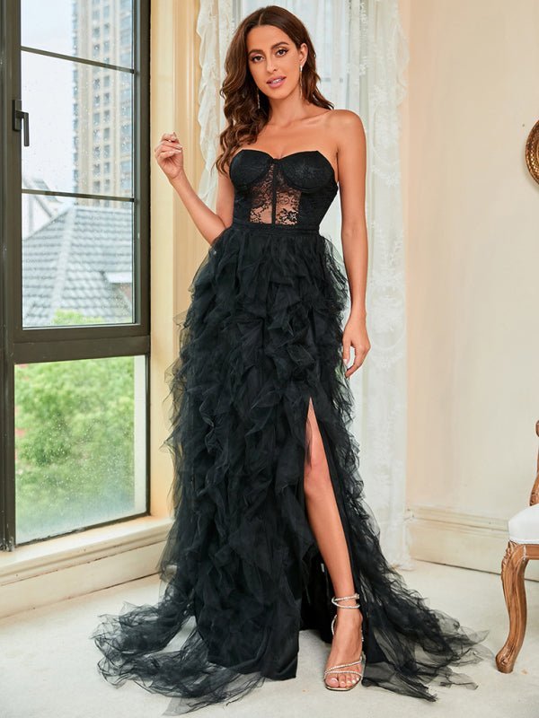 Drune | Damen Frühling Sommer Neue Große Größe Spitzen-Mesh-Röhrenoberteil Sexy Kleid