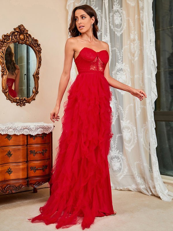 Drune | Damen Frühling Sommer Neue Große Größe Spitzen-Mesh-Röhrenoberteil Sexy Kleid