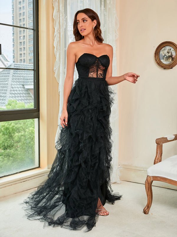 Drune | Damen Frühling Sommer Neue Große Größe Spitzen-Mesh-Röhrenoberteil Sexy Kleid