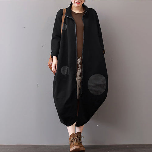 Drune | schwarze Mäntel Plus-Size-Bekleidung mit Reißverschluss Wintermantel Eleganter Reverskragen Maxikleid