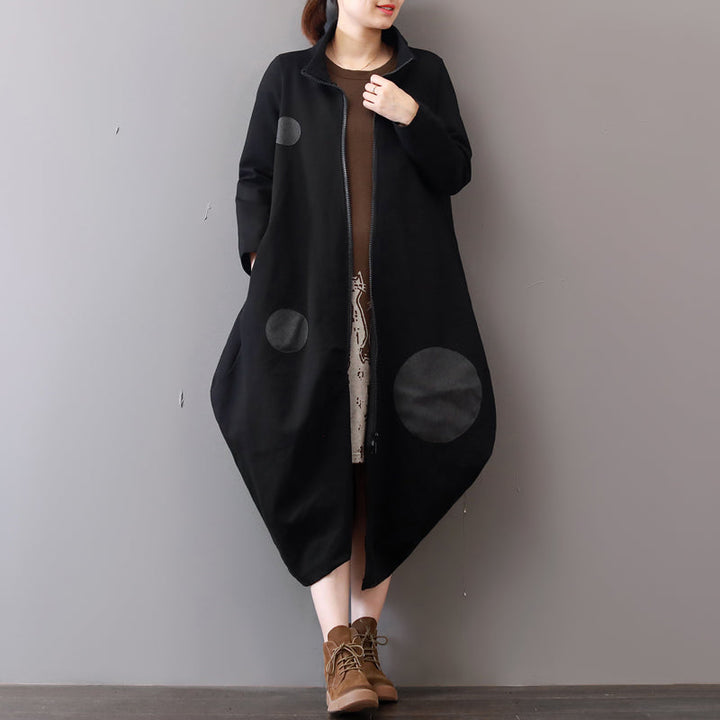 Drune | schwarze Mäntel Plus-Size-Bekleidung mit Reißverschluss Wintermantel Eleganter Reverskragen Maxikleid