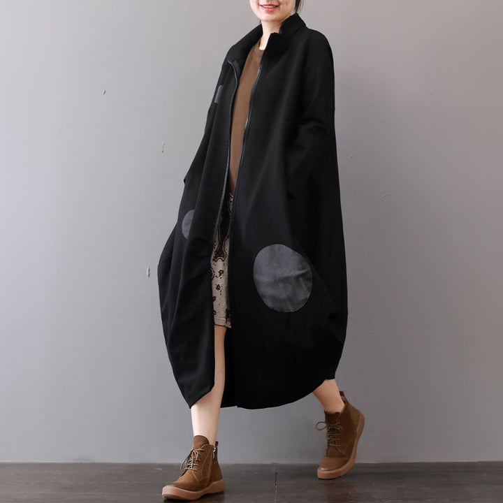 Drune | schwarze Mäntel Plus-Size-Bekleidung mit Reißverschluss Wintermantel Eleganter Reverskragen Maxikleid