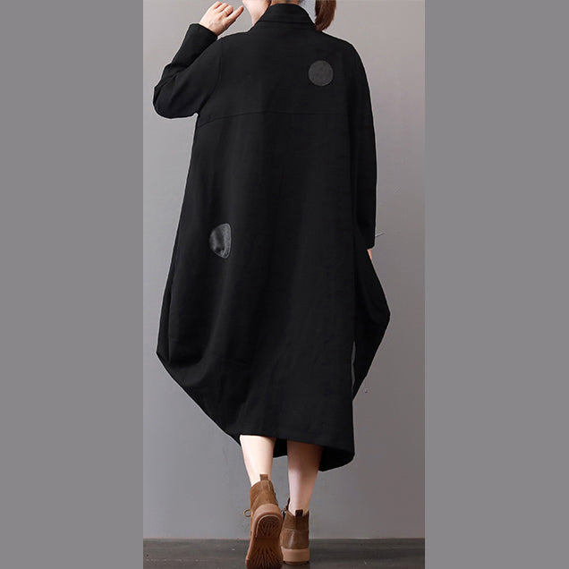 Drune | schwarze Mäntel Plus-Size-Bekleidung mit Reißverschluss Wintermantel Eleganter Reverskragen Maxikleid