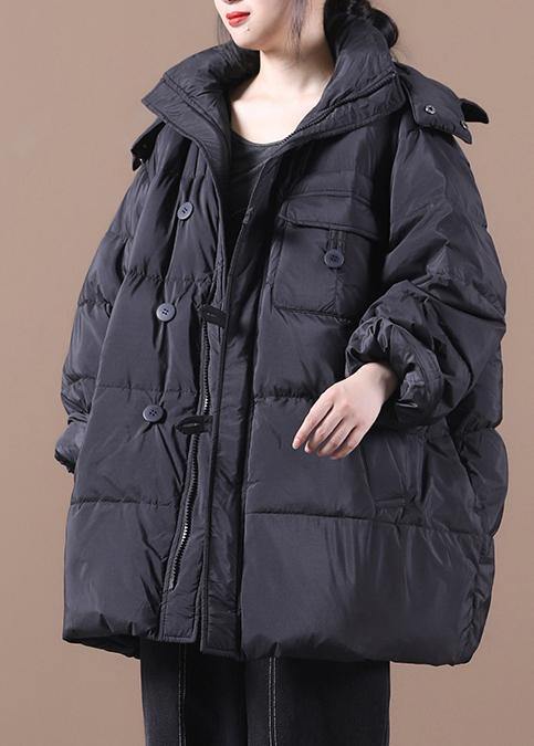 Drune | schwarzer warmer Wintermantel Plus-Size Daunenjacke mit Kapuze Reißverschlussjacken