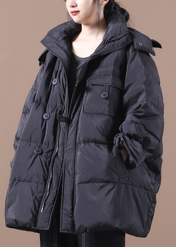 Drune | schwarzer warmer Wintermantel Plus-Size Daunenjacke mit Kapuze Reißverschlussjacken