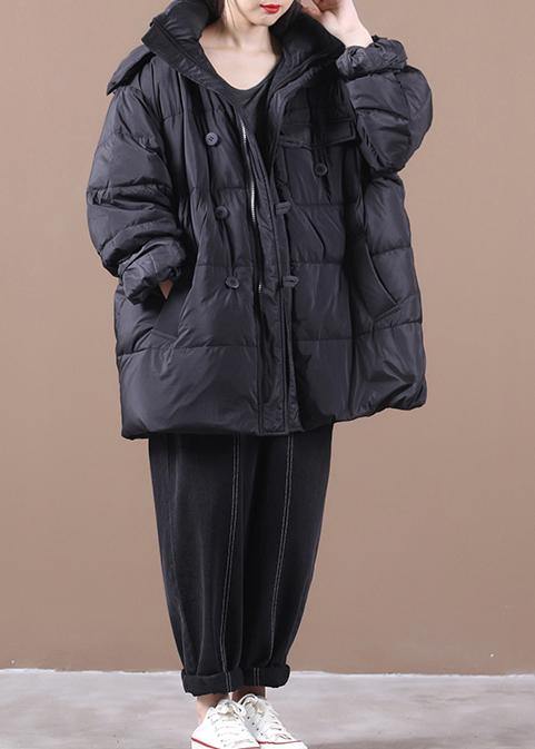 Drune | schwarzer warmer Wintermantel Plus-Size Daunenjacke mit Kapuze Reißverschlussjacken