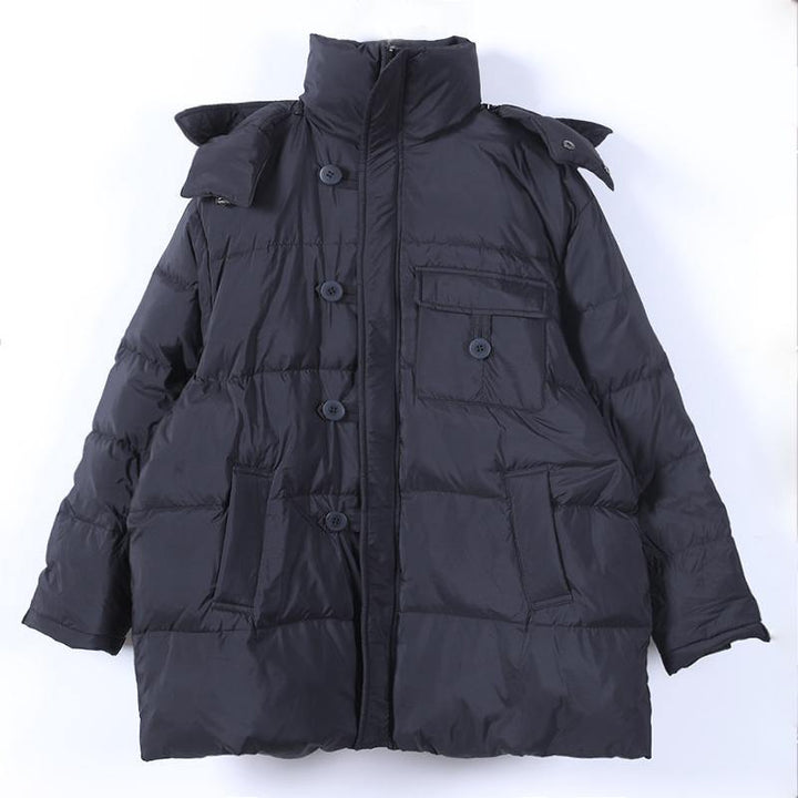 Drune | schwarzer warmer Wintermantel Plus-Size Daunenjacke mit Kapuze Reißverschlussjacken